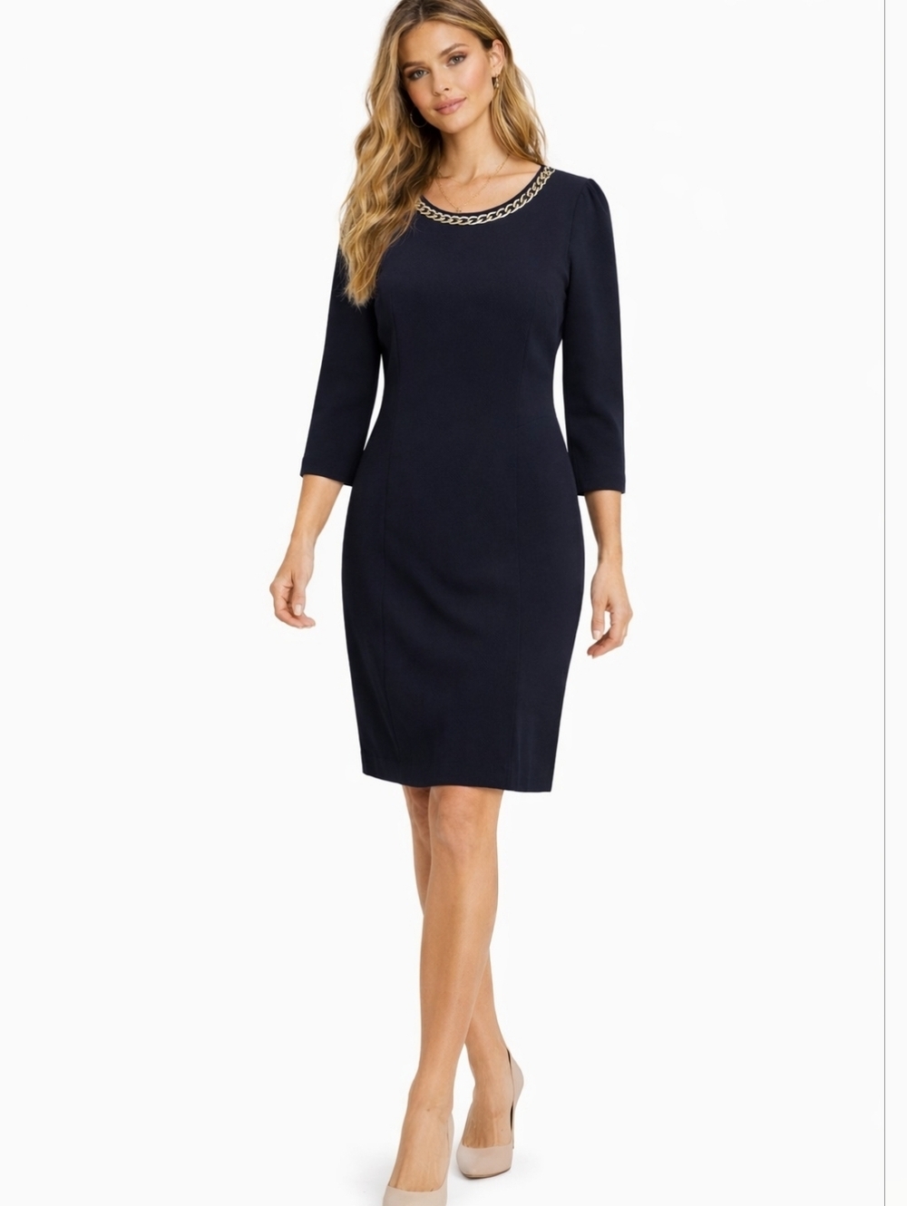 PHILOSOPHY NAVY BLUE Dress with Silver Chain Accent.